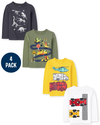 Paquete de 4 camisetas con estampado de vehículo Dino para niños pequeños
