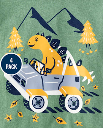 Paquete de 4 camisetas con estampado de dinosaurio y vehículo para bebés y niños pequeños