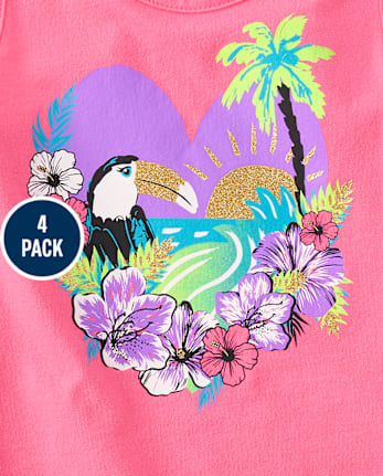 Paquete de 4 camisetas sin mangas con flecos tropicales para niñas