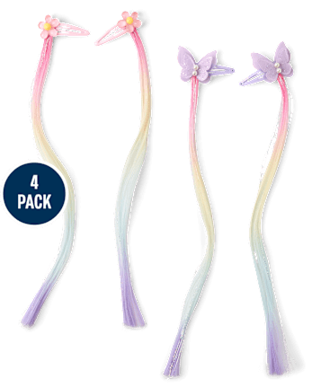 Girls Butterfly Rainbow Faux Hair Extension Hair Clip 4-Pack