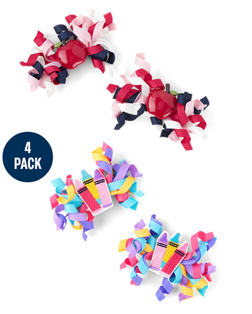 Girls Apple Crayon Curly Hair Clip 4-Pack - Classroom Cutie