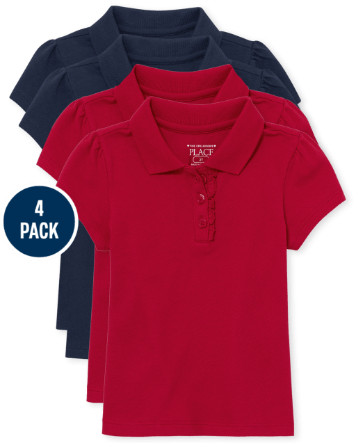 Toddler Girls Uniform Ruffle Pique Polo 4-Pack