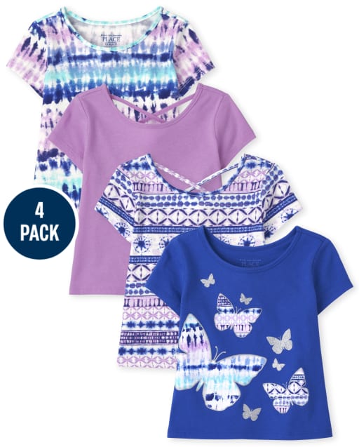 Paquete de 4 tops con espalda cruzada y estampado para niñas pequeñas