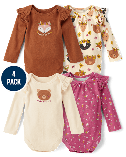 Baby Girls Animal Flutter Bodysuit 4-Pack