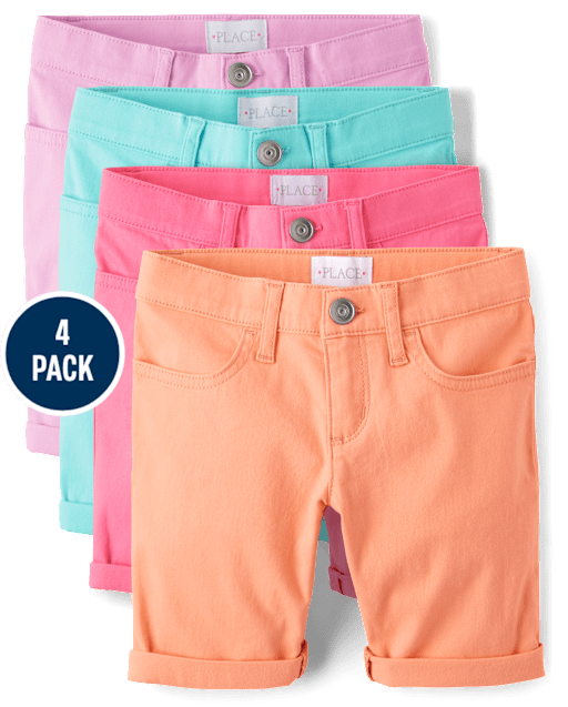Girls Roll Cuff Twill Skimmer Shorts 4-Pack