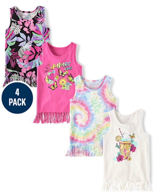 Girls Summer Vibes Fringe Tank Top 4-Pack