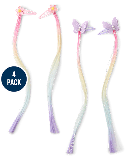 Girls Butterfly Rainbow Faux Hair Extension Hair Clip 4-Pack