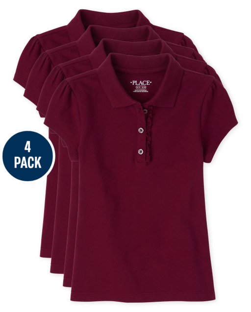 Girls Uniform Short Sleeve Ruffle Pique Polo 4-Pack