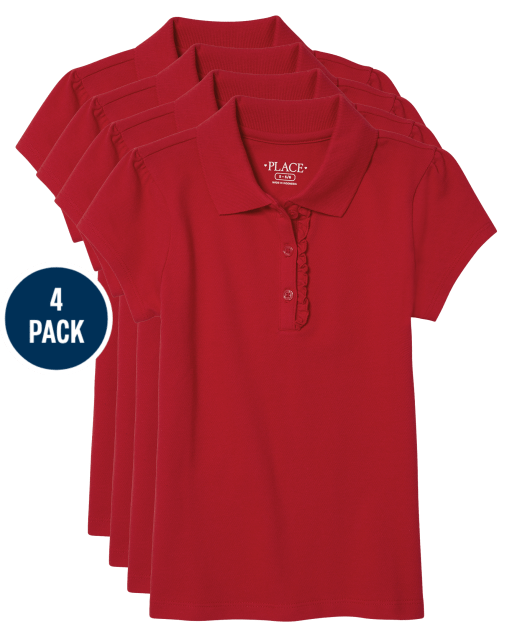 Girls Uniform Short Sleeve Ruffle Pique Polo 4-Pack