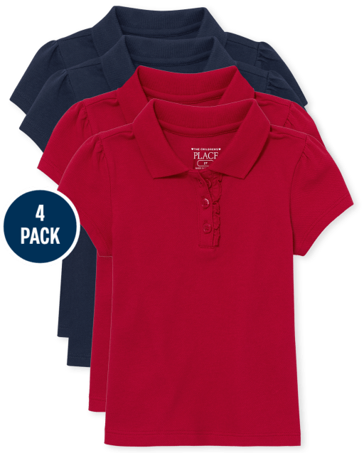 Toddler Girls Short Sleeve Uniform Ruffle Pique Polo 4-Pack
