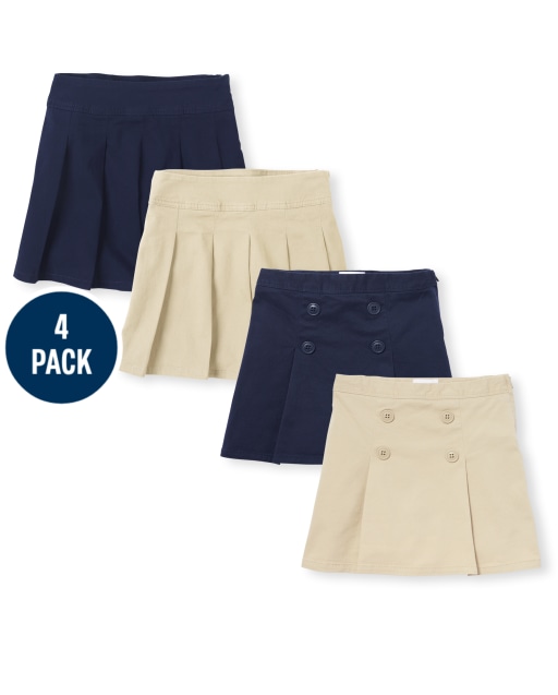 Falda pantalón plisada tejida elástica de uniforme para niñas y falda pantalón tejida elástica con botones, paquete de 4
