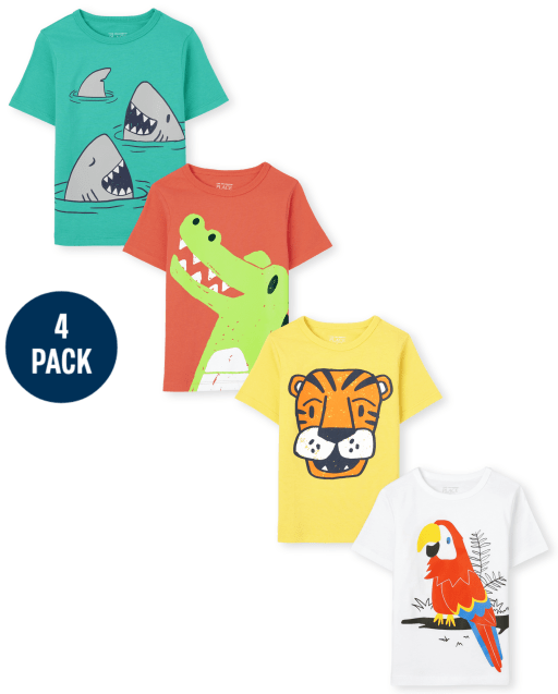 Paquete de 4 camisetas de manga corta con estampado de animales para bebés y niños pequeños