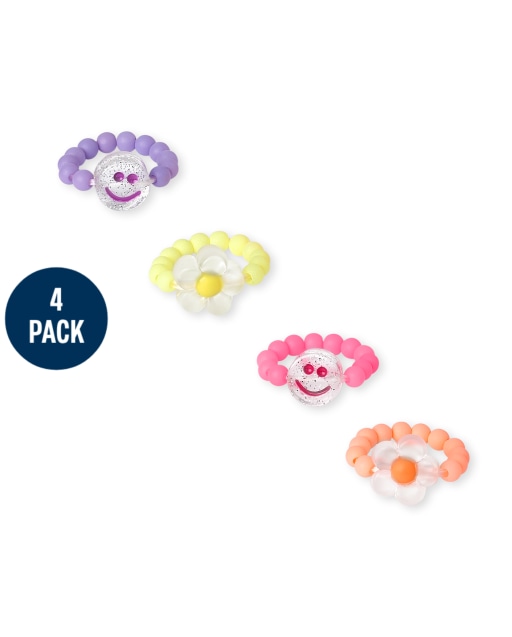 Girls Happy Face Stretch Ring 4-Pack