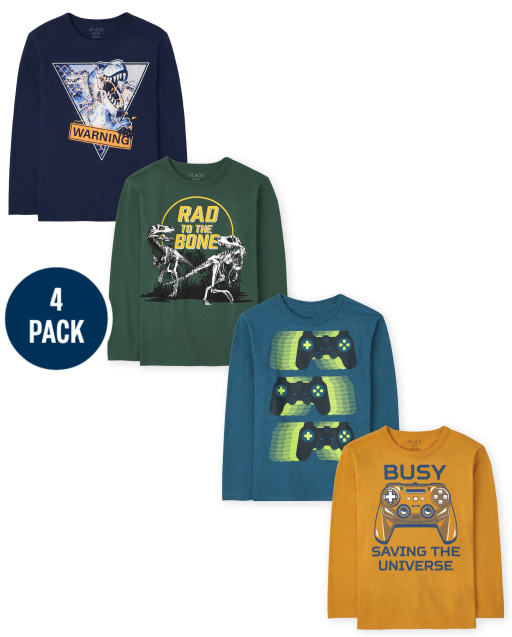 Boys Long Sleeve Dino And Video Game Graphic Tee 4-Pack