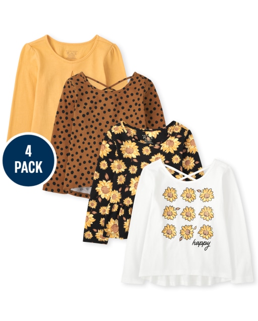 Toddler Girls Long Sleeve Sunflower Print Top 4-Pack