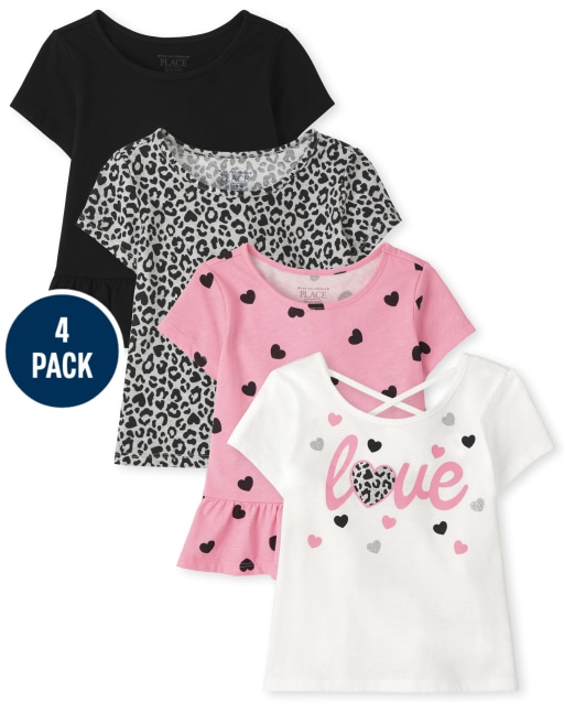 Toddler Girls Short Sleeve Heart Print Top 4-Pack