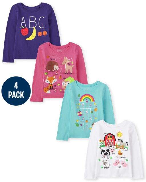 Paquete de 4 camisetas de manga larga con estampado educativo para niñas pequeñas