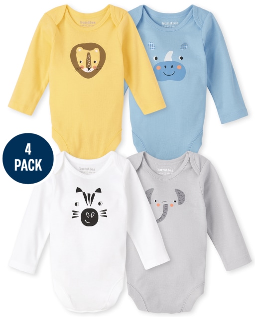 Unisex Baby Long Sleeve Animal Bodysuit 4-Pack