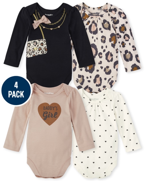 Baby Girls Long Sleeve Leopard Bodysuit 4-Pack