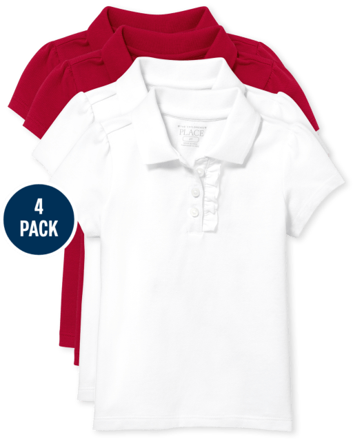 Toddler Girls Uniform Short Sleeve Ruffle Pique Polo 4-Pack