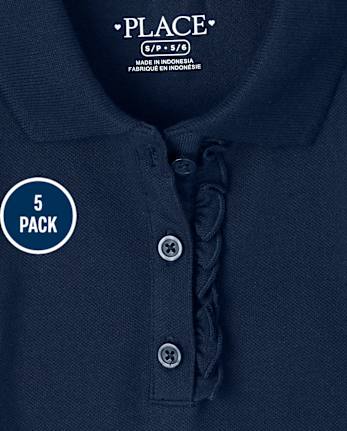 Girls Uniform Ruffle Soft Stretch Pique Polo 5-Pack