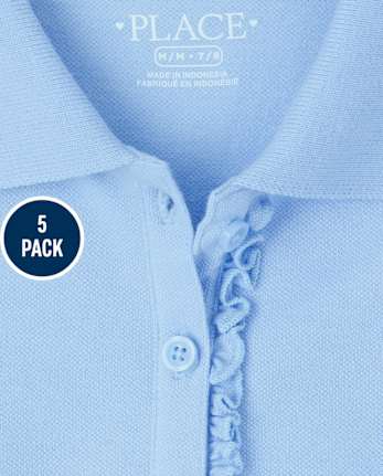 Girls Uniform Ruffle Soft Stretch Pique Polo 5-Pack - Plus