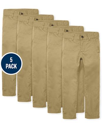 Pantalones chinos ajustados elásticos uniformes para niños, paquete de 5