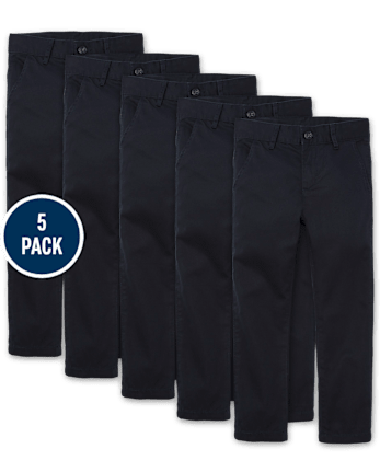 Pantalones chinos ajustados elásticos uniformes para niños, paquete de 5