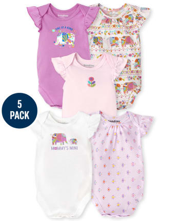 Baby Girls Elephant Ruffle Bodysuit 5-Pack