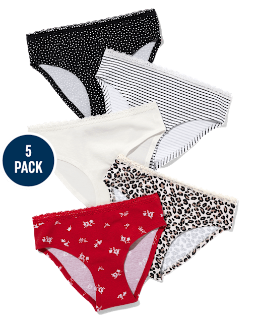 Tween Girls Leopard Stripe Lace Trim Bikini Underwear 5-Pack