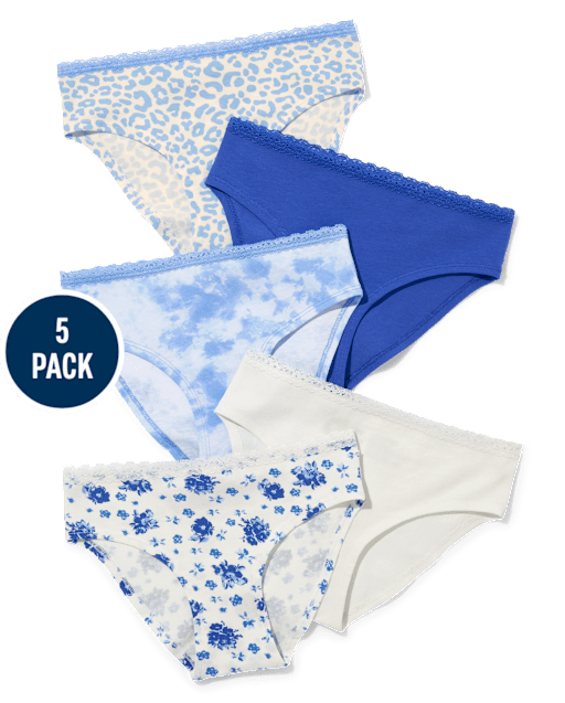 Tween Girls Mix Print Lace Trim Bikini Underwear 5-Pack