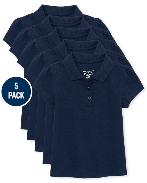 Toddler Girls Uniform Ruffle Pique Polo 5-Pack