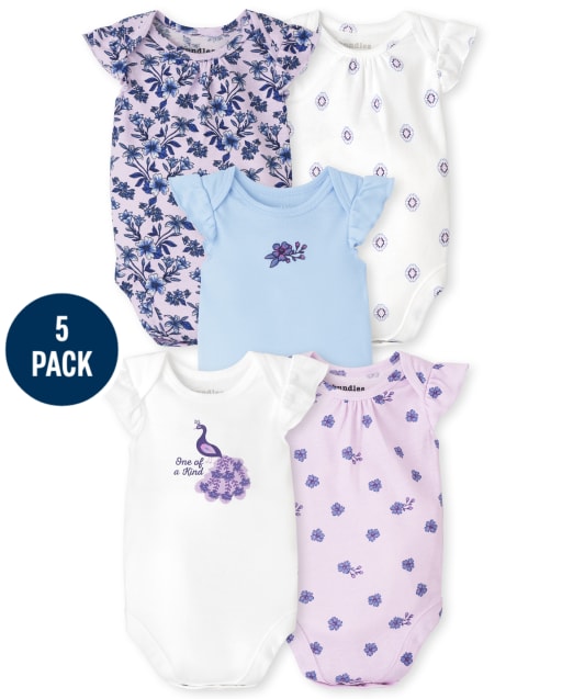 Baby Girls Peacock Ruffle Bodysuit 5-Pack