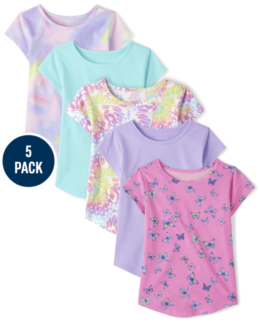 Paquete de 5 camisetas básicas con capas estampadas para niñas