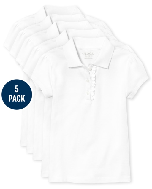 Girls Uniform Short Sleeve Ruffle Pique Polo 5-Pack