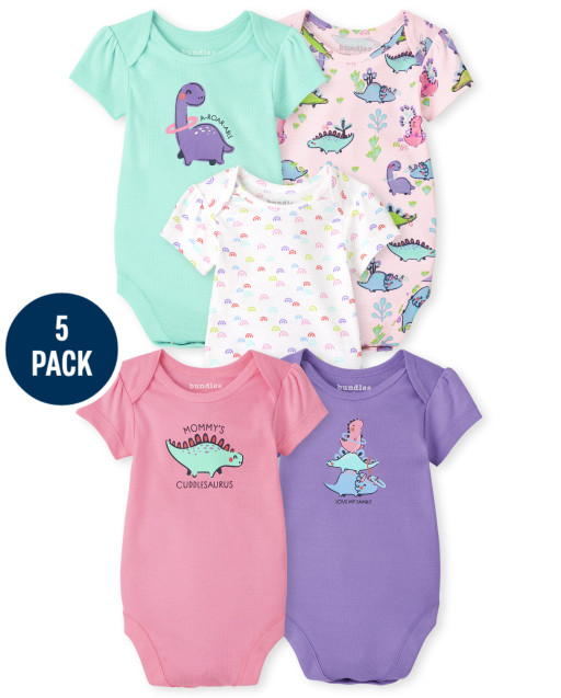 Baby Girls Short Sleeve Dino Bodysuit 5-Pack