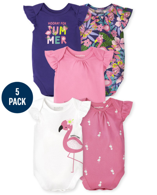 Baby Girls Short Sleeve Flamingo Ruffle Bodysuit 5-Pack