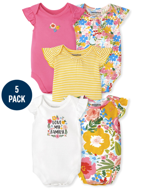 Baby Girls Short Sleeve Floral Ruffle Bodysuit 5-Pack