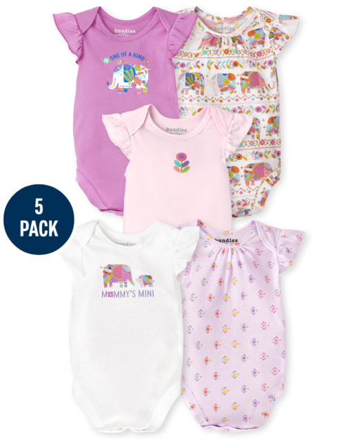 Baby Girls Short Sleeve Elephant Ruffle Bodysuit 5-Pack