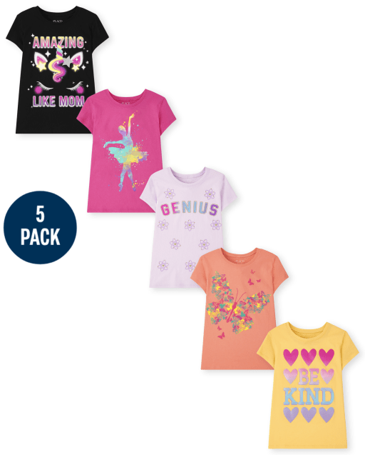 Girls Short Sleeve Positive Graphic Tee 5-Pack