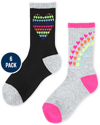 Girls Heart Cushioned Crew Socks 6-Pack
