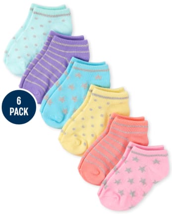 Paquete de 6 calcetines tobilleros con estrellas metálicas para niñas pequeñas