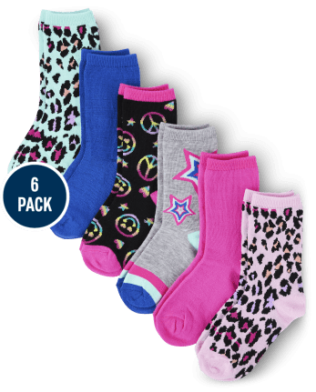 Girls Leopard Crew Socks 6-Pack