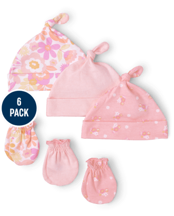 Baby Girls Floral Print Knotted Hat And Mittens 6-Piece Set | The ...