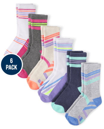 Girls Striped Athletic Crew Socks 6-Pack