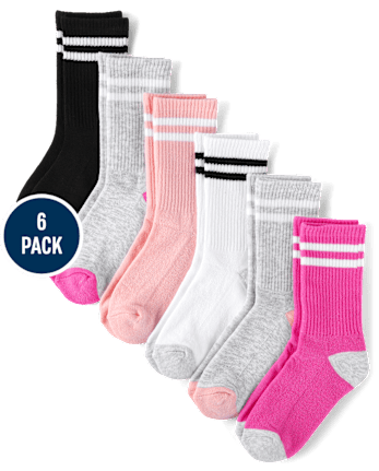 Girls Striped Cushioned Crew Socks 6-Pack