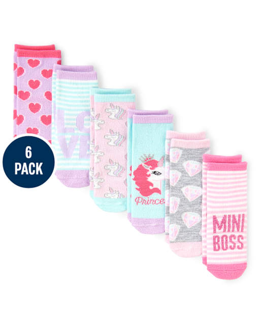Calcetines midi con diseño de unicornio metalizado para niñas pequeñas, paquete de 6
