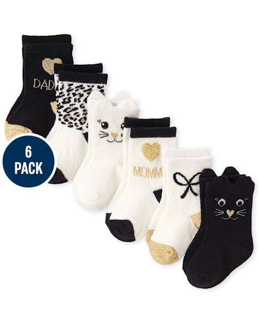Baby Girls Glitter Cat Crew Socks 6-Pack