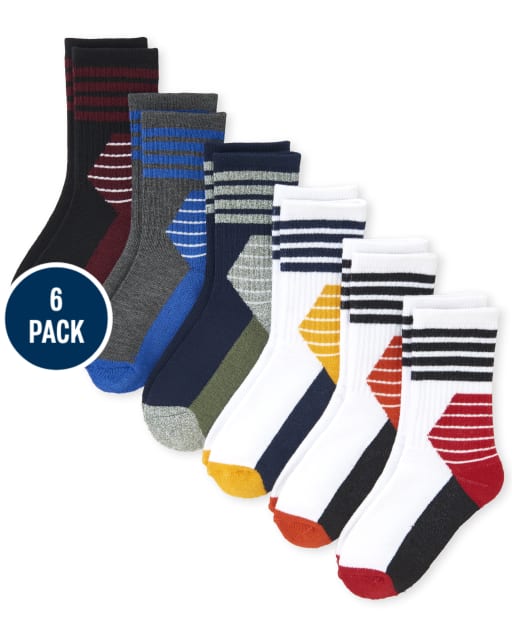 Boys Striped Cushioned Crew Socks 6-Pack