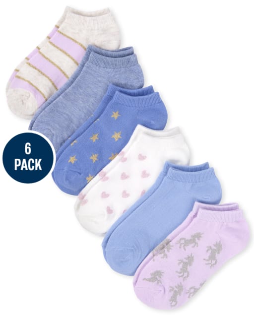 Calcetines tobilleros metalizados con unicornio para niña, paquete de 6